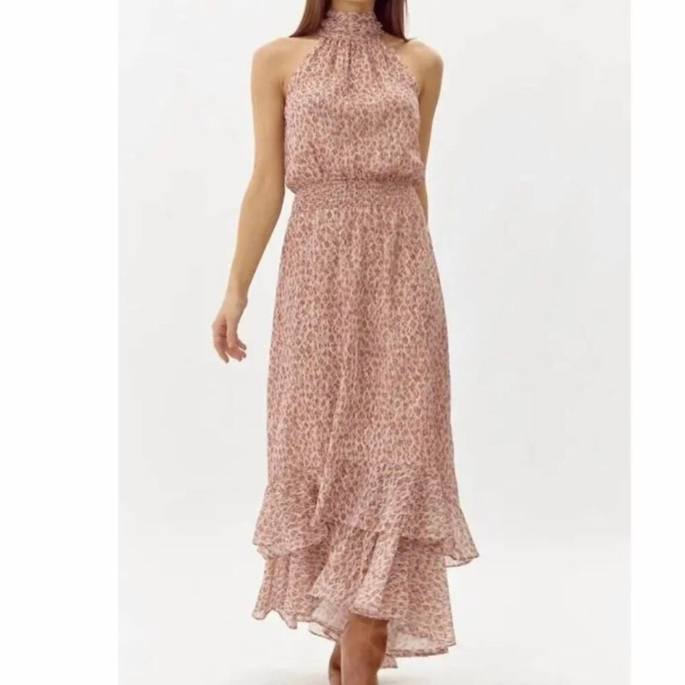 Greylin High Low Maxi Dress Small Rust Cream Smocked Waist Tie Back Boho